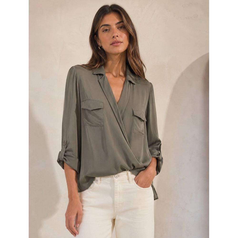 L'AGENCE Olive Green 100% Silk Wrap Front Roll Tab Surplice Blouse Top Medium